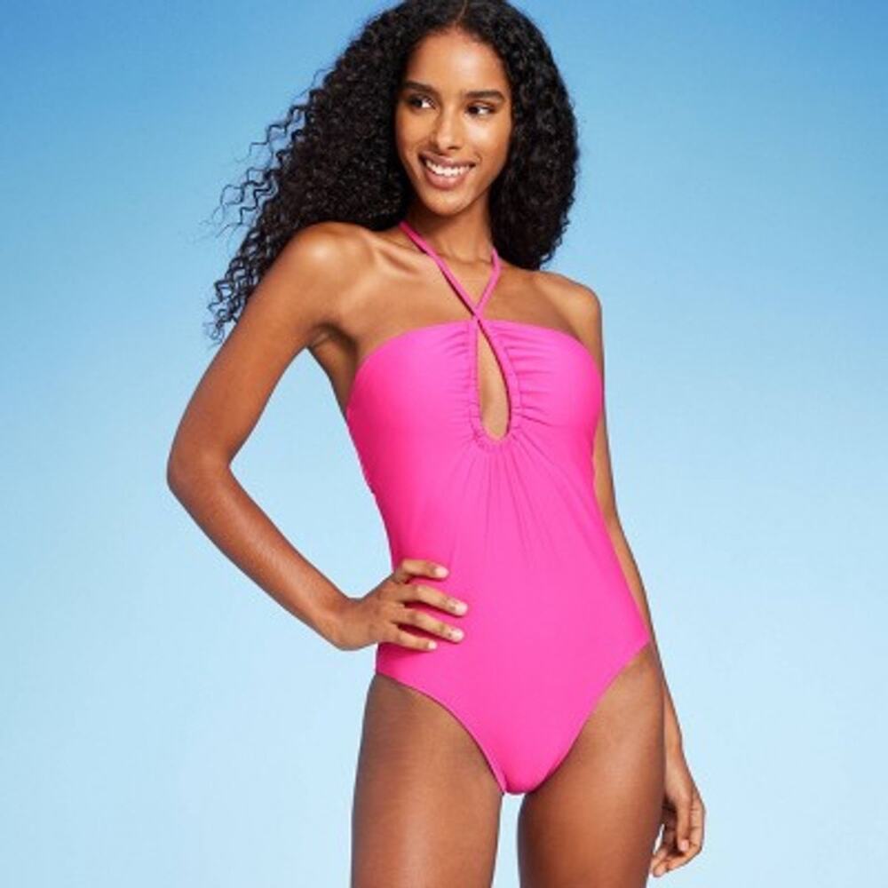 NEW Shade & Shore Women's Halter Keyhole Bandeau One Piece Swimsuit Pink Medium